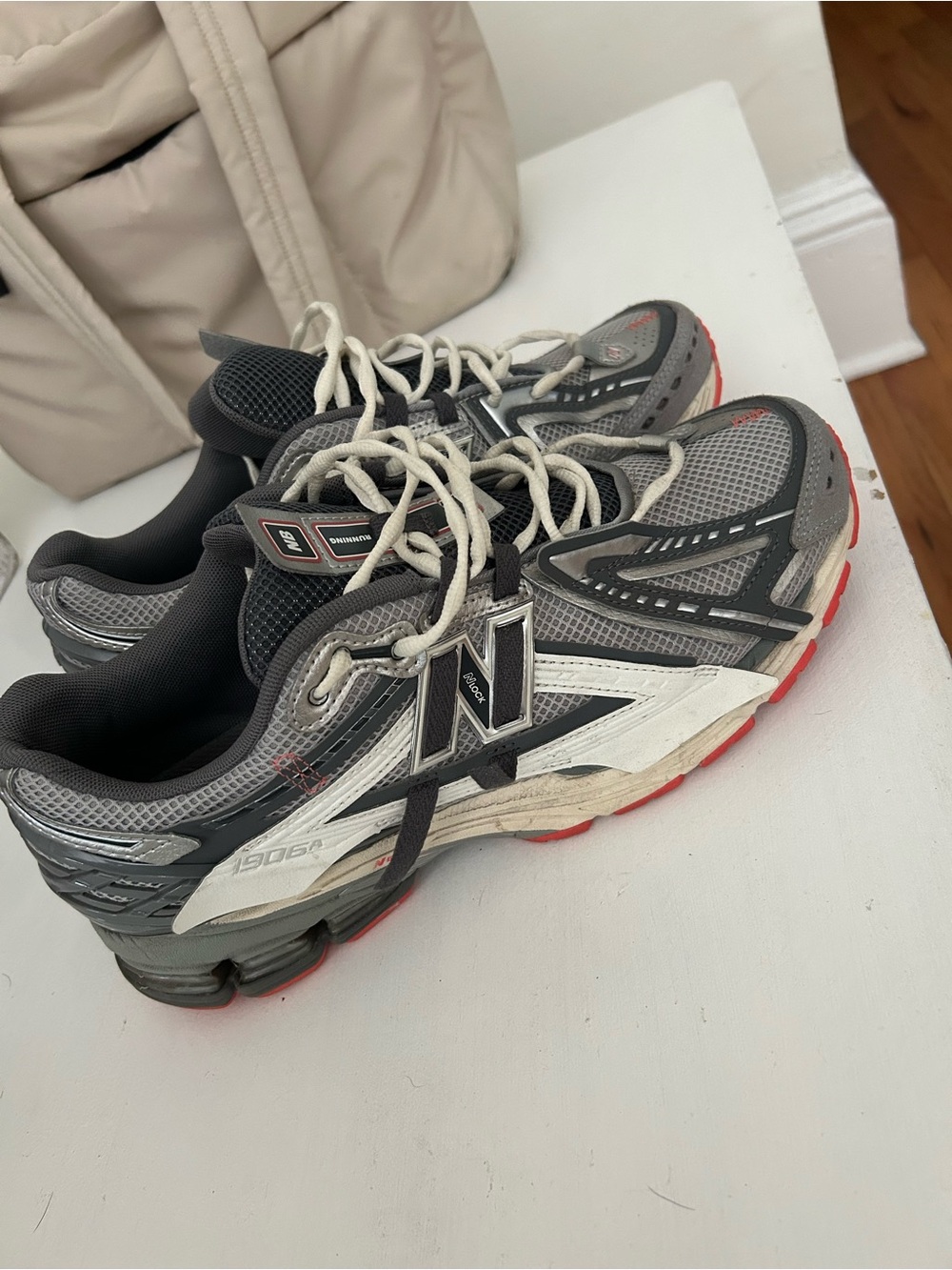 New Balance Gray, White & Red 1906R Athletic Sneakers